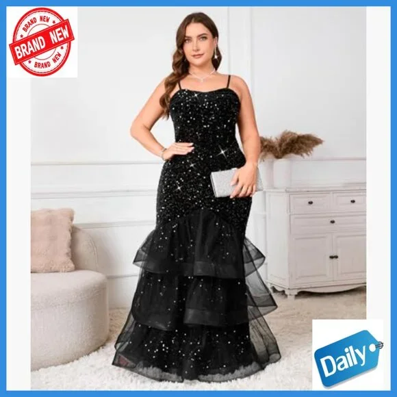 Sequin Mesh Maxi Dress Sleeveless Formal Gown Plus Size Mermaid Fishtail